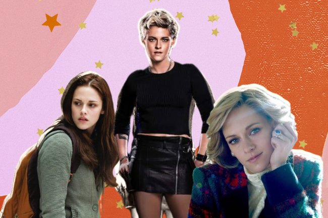 Colagem de fotos de personagens da atriz Kristen Stewart, em um fundo colorido. Á esquerda, Bella Swan tem cabelo comprido e castanho, no centro, Sabina, de as panteras, tem cabelos curtos e loiros e na direita, Diana, do filme spencer, também loira.