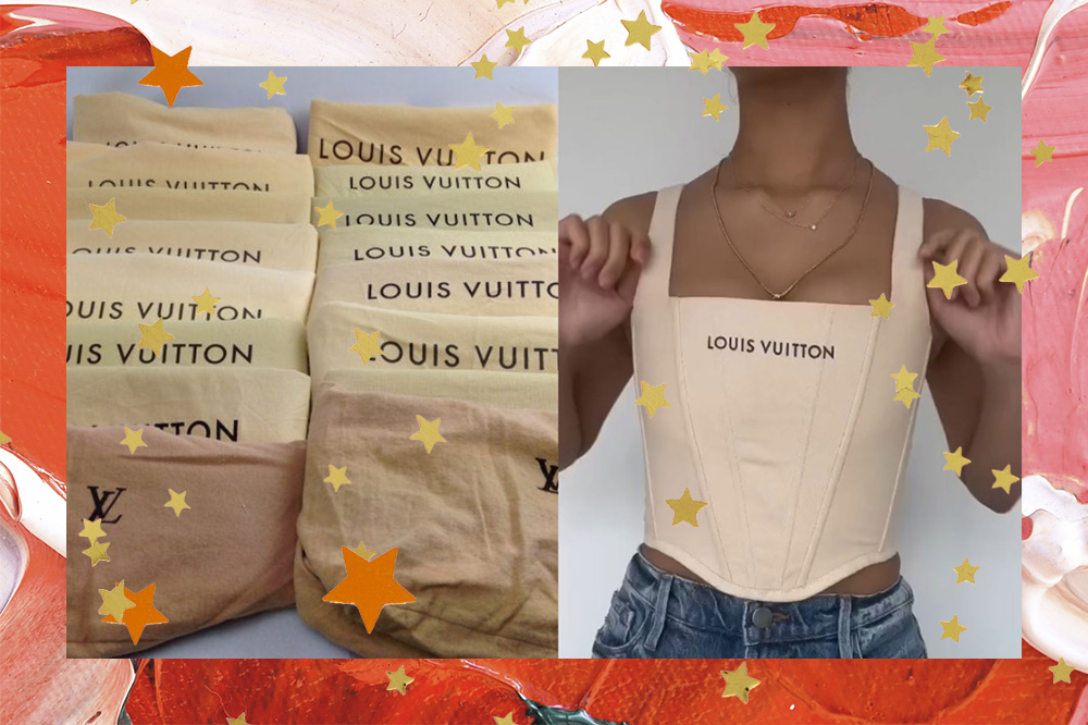 Montagem mostra, de uma lado, sacolas de tecido dobradas de grifes como Yves Saint Laurent e Louis Vuitton. De outro, Shaeles (@shaleseatlanta) usando um corset feito a partir das sacolas com a técnica de upcycling. A borda segue acompanhada de texturas e pinceladas de tintas coloridas, bem como estrelinhas douradas acompanhadas por toda a imagem. 