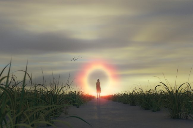 O portal de 22/02/22 está aberto! Veja os significados e rituais pra data Um caminho no meio da natureza, onde uma mulher caminha na direção de um círculo de fogo