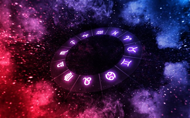 Ilustração dos doze signos do zodíaco orbitando no espaço sideral