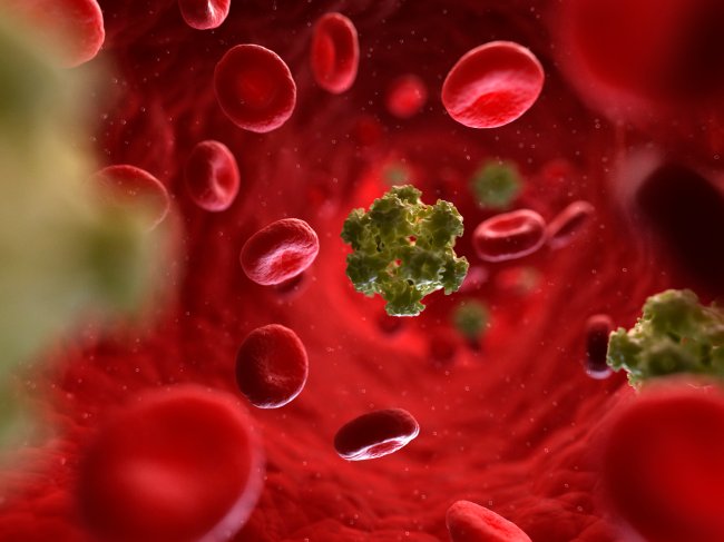Arte da corrente sangúinea cheia de glóbulos vermelhos sendo infectada pelo vírus HIV