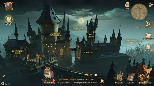 Imagem de divulgação do game Harry Potter: Desperta a Magia. Nela, é possível ver Hogwarts à noite