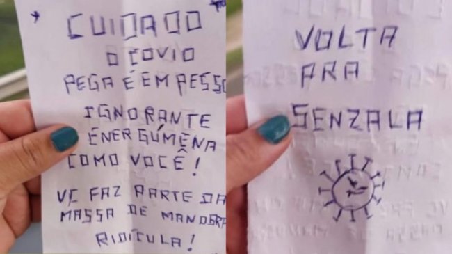 “Volta pra senzala”: mulher cobra uso de máscara em ônibus e sofre racismo Bilhete que mulher negra recebeu após pedir que passageiro de ônibus colocasse a máscara de proteção contra a Covid. O papel é branco, escrito em caneta azul e contém os dizeres
