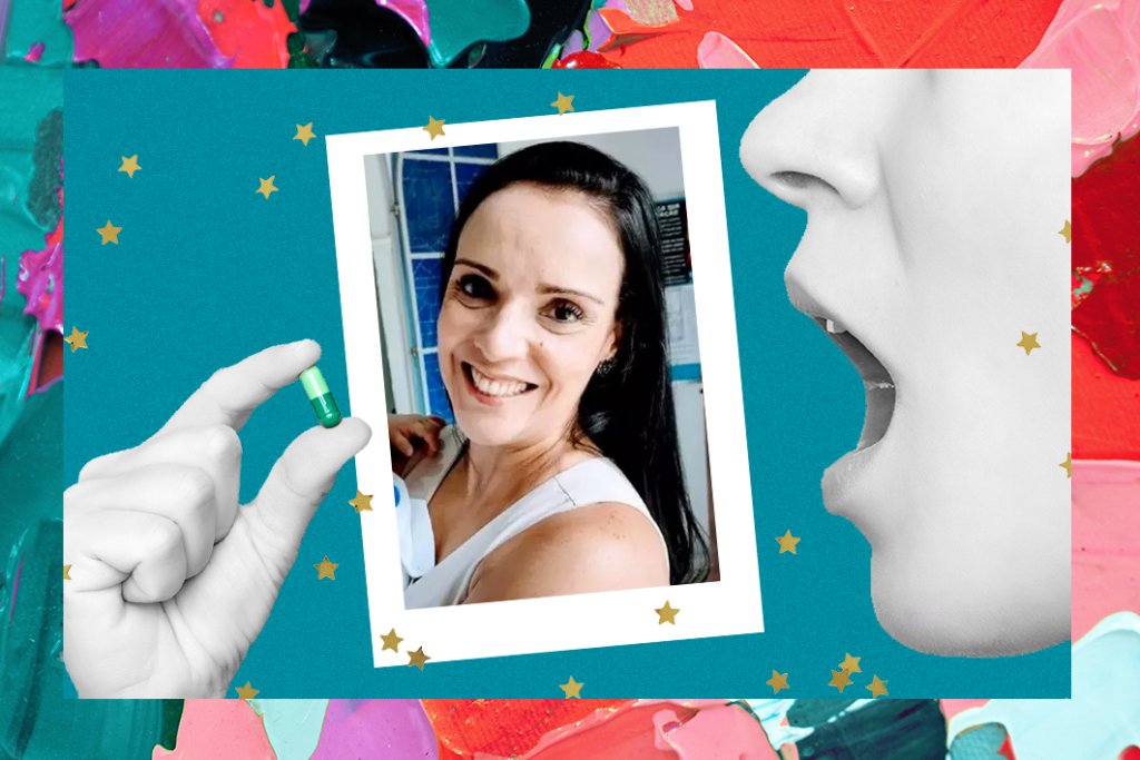 Montagem com foto da enfermeira Edmara Silva de Abreu, que morreu após ingerir ervas em cápsula para emagrecimento, foto de uma boca ingerindo uma cápsula em fundo colorido