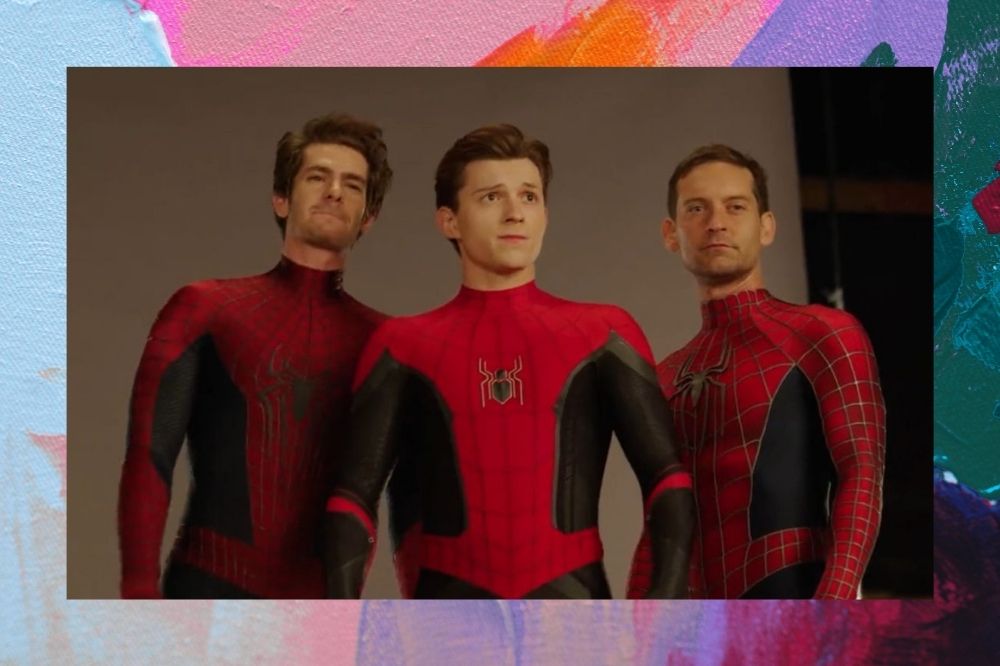 Tobey, Andrew e Tom com o traje do Homem-Aranha