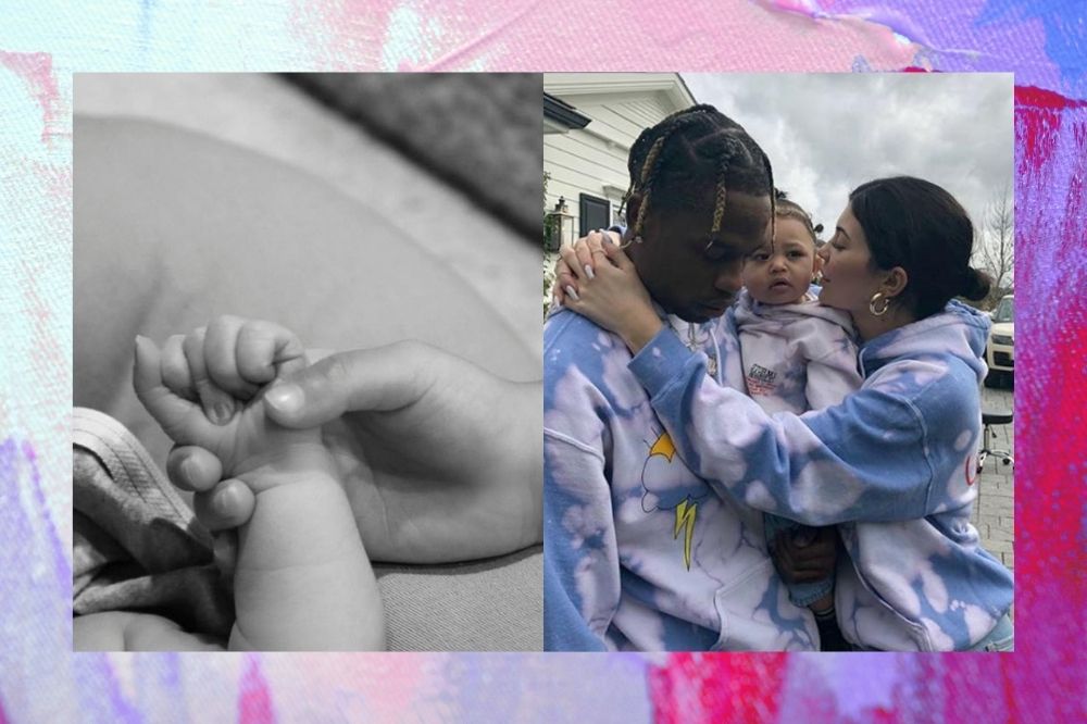 Montagem de foto do bebê e Stormi de mãos dadas e Kylie, Travis e a filha juntos.
