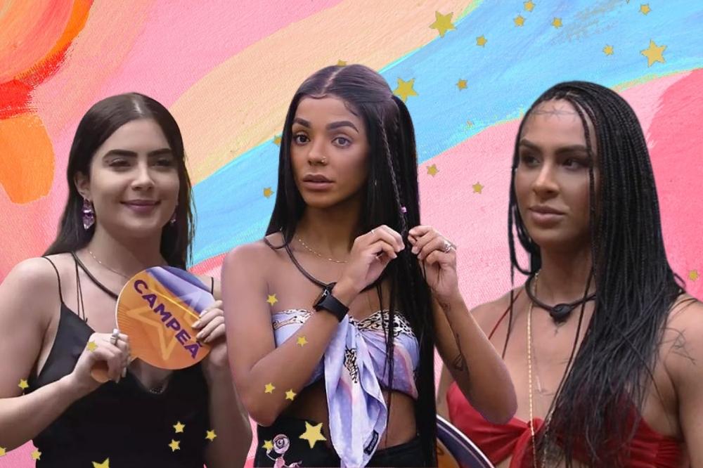 Montagem com o fundo colorido e detalhe de estrelas douradas com a foto de três sisters do BBB22. A foto da esquerda é da Jade Picon, a foto do centro é da Lina e foto da direita e da Brunna.