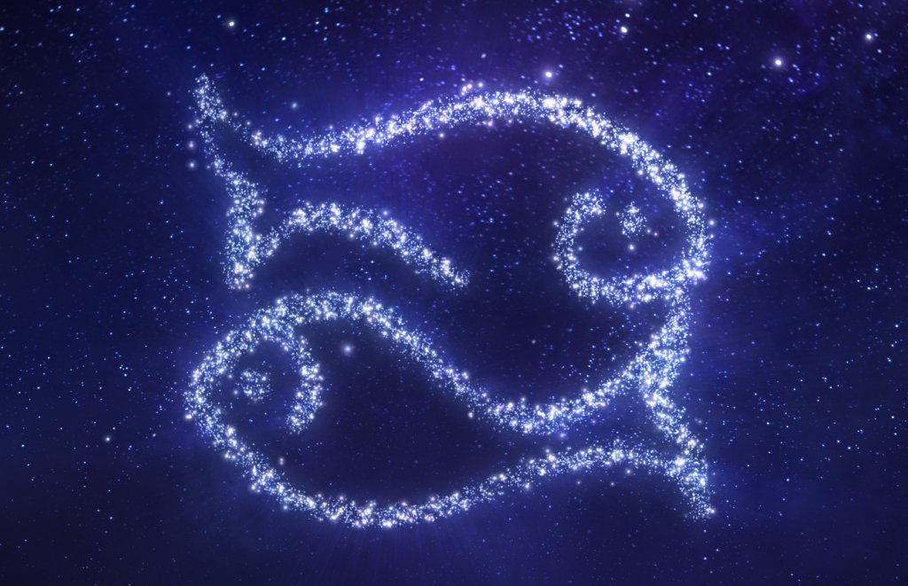 Ilustração do signo de Peixes em um fundo azul que remete ao espaço sideral. Os peixes são feitos de estrelas brancas.