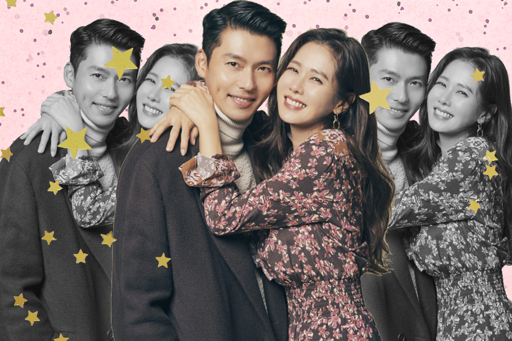 Fotos do casal de Pousando no Amor. Eles são coreanos, estão abraçados e sorrindo para a câmera