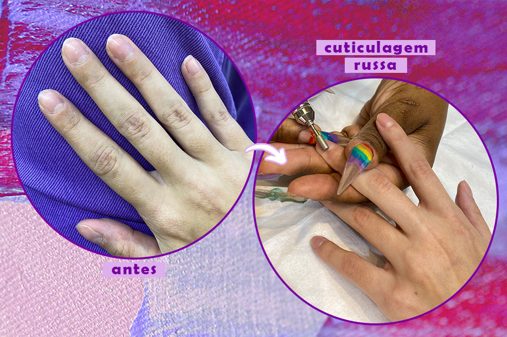processo-unhas-nail-art-01 Montagem em fundo roxo com foto de mão à esquerda e processo de cuticulagem russa à direita