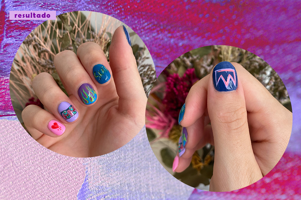 processo-unhas-nail-art-03 Montagem com duas fotos de resultado da nail art feita por Negra Ba em fundo roxo