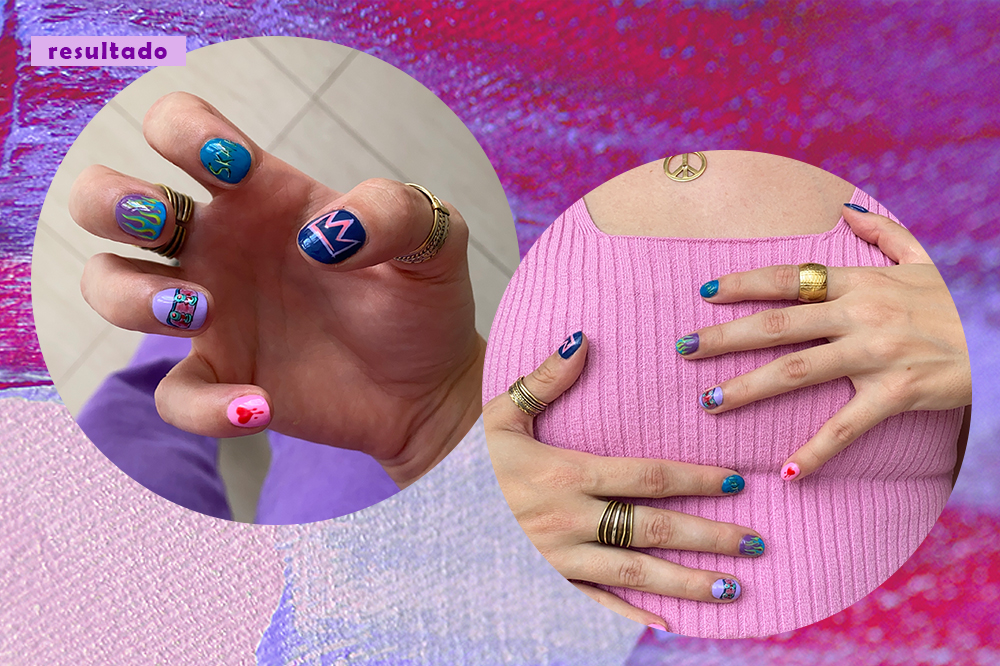 processo-unhas-nail-art-04 Montagem com duas fotos de resultado da nail art feita por Negra Ba em fundo roxo