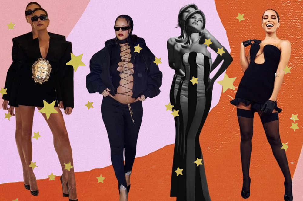 Montagem mostra imagens em recortes duplicados das fashionistas Hailey Bieber, Rihanna, Zendaya e Anitta, todas de preto. Ao fundo, nuances de rosa médio, claro e alaranjado. Estrelinhas douradas seguem espalhadas por toda a montagem!