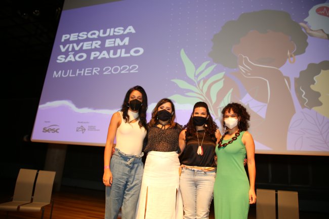 Quatro mulheres posam no palco, em frente à foto de divulgação de uma pesquisa sobre ser mulher em São Paulo. Estão todas de máscara.