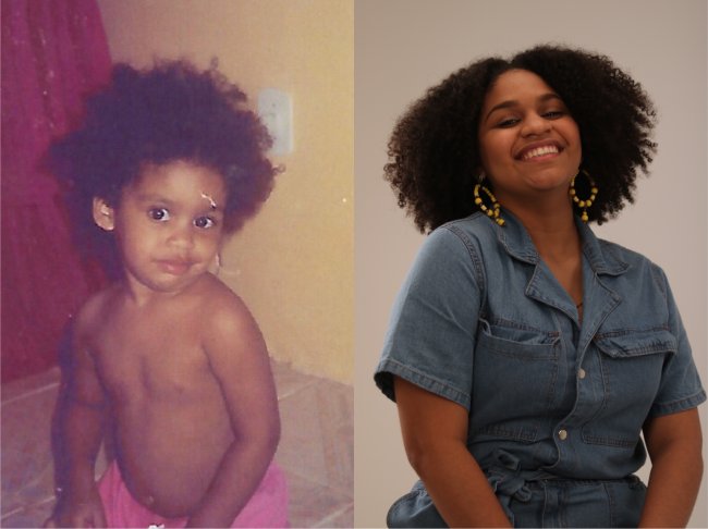 À esquerda, foto de uma bebê negra com o cabelo black power. À direita, foto dessa bebê adulta, ainda com seu cabelo black power