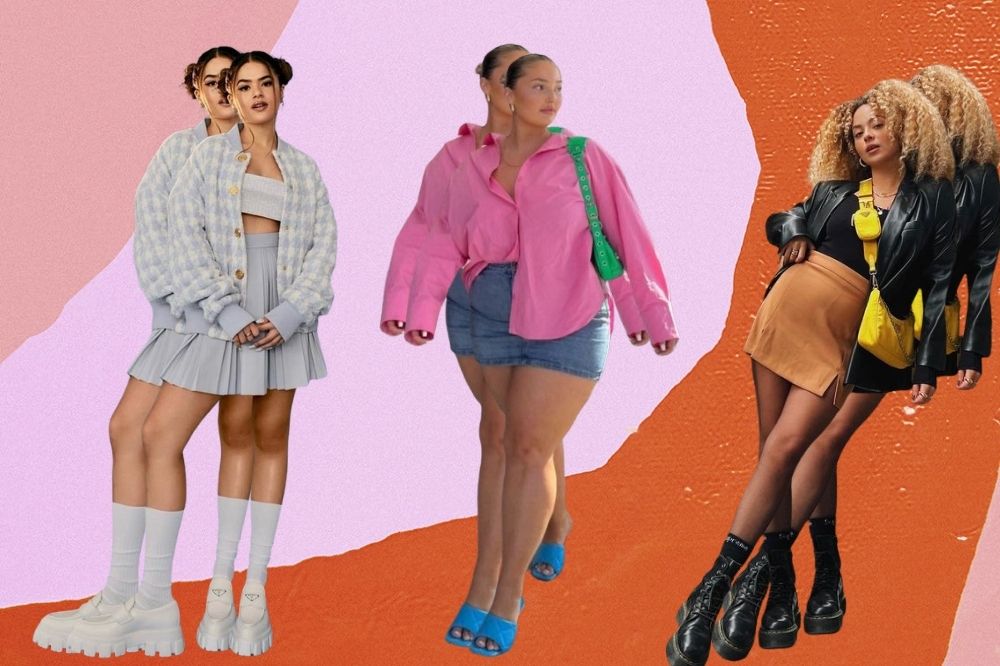 Montagem mostra imagens em recortes de Maisa Silva, Julia Rodrigues e fashionista do Instagram sobrepostas - todas usam uma modelagem de saia diferente. Ao fundo, diferentes tonalidades e variações de rosa e laranja formam uma composição. Estrelinhas douradas seguem espalhadas por toda a montagem.