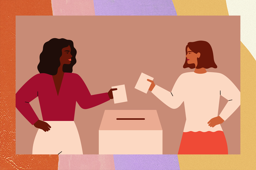 Ilustração de duas mulheres depositando votos de papel em uma urna