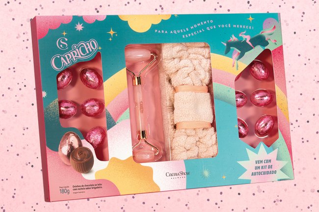 Kit Páscoa da CAPRICHO e Cacau Show com ovinhos de chocolate e itens de skincare
