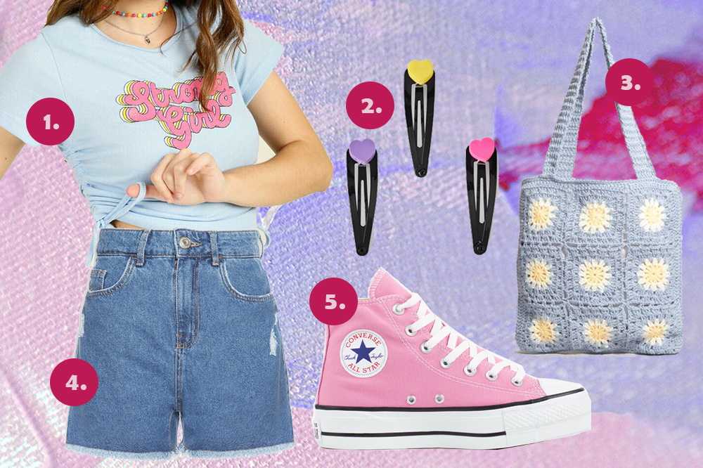 Montagem com fundo em tons de roxo e sugestões de peças para o Lollapalooza: blusa, short jeans, presilhas, tênis rosa e bolsa de crochê floral