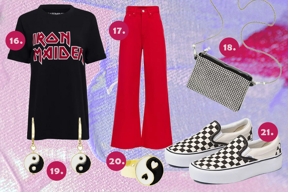 Montagem com fundo em tons de roxo e sugestões de peças para o Lollapalooza: camiseta do Iron Maiden, calça vermelha, bolsa de strass, brinco e anel yin-yang e tênis slip-on xadrez