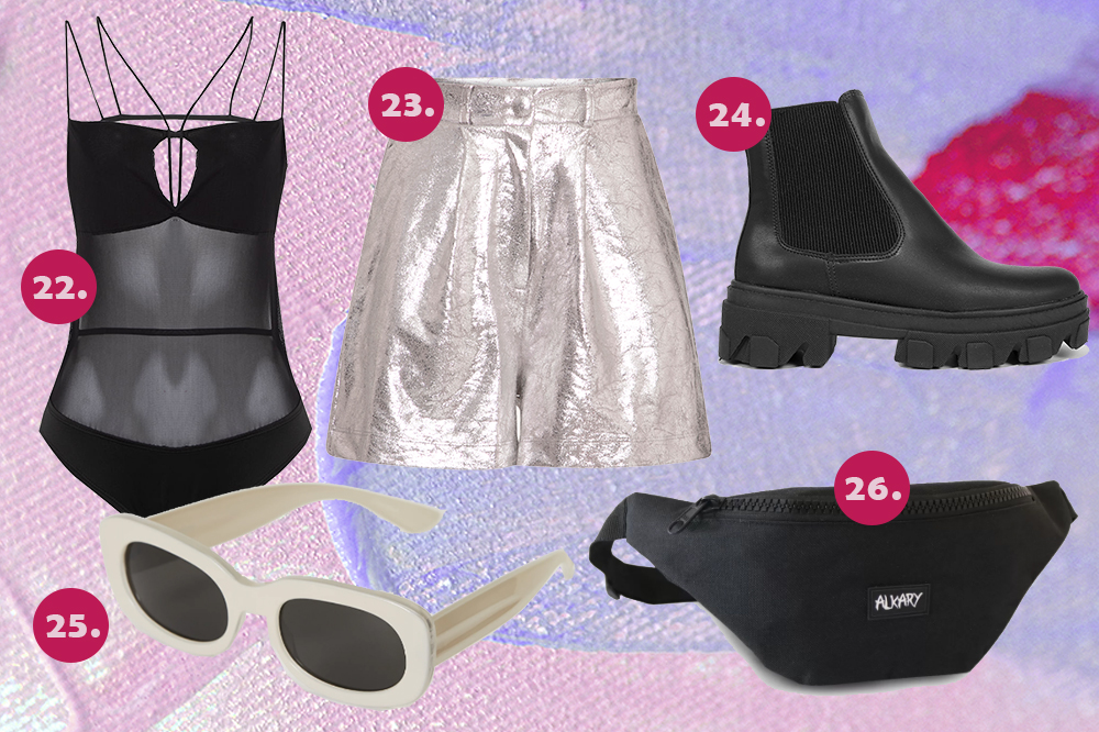 Montagem com fundo em tons de roxo e sugestões de peças para o Lollapalooza: body preto em tule, short prata, bota chelsea preta, óculos de sol e pochete preta