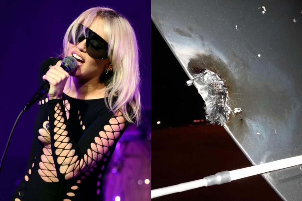 Miley Cyrus cantando e uma foto de seu avião atingido por um raio.