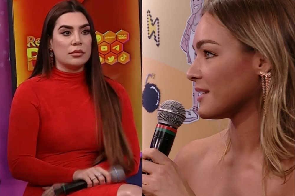 Duas imagens de Naiara Azevedo e Bárbara no "Fora da Casa" do BBB22; na primeira Naiara está olhando para frente séria e usa um vestido vermelho; na segunda, Bárbara fala no microfone olhando para frente