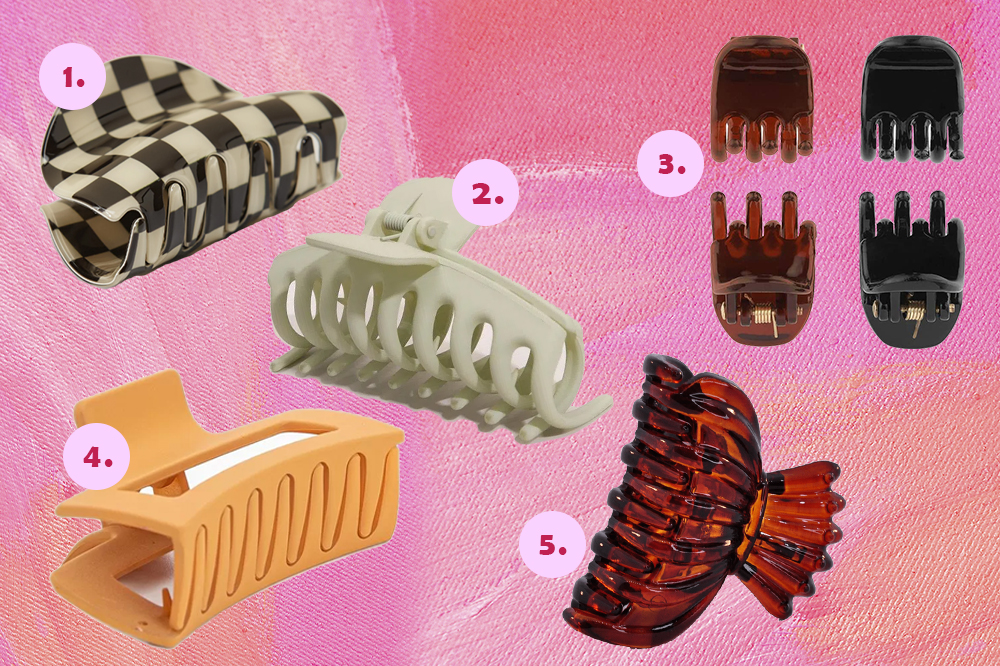 Montagem com cinco opções de piranhas de cabelo em fundo rosa