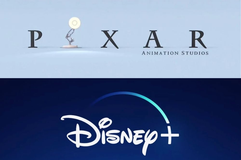 Logo da Pixar na parte superior e logo da Disney na parte inferior; ambos estão em fundos azuis