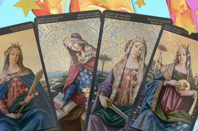 Fotos das quatro rainhas do Tarot. Todas elas são figuras divinas e representadas por mulheres brancas medievais