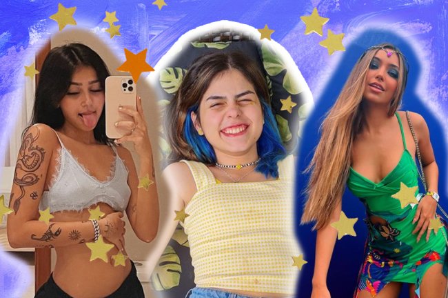 Montagem com fotos de garotas TikTokers. São elas Beca Barreto, Babi Coura e Vanessa Lopes