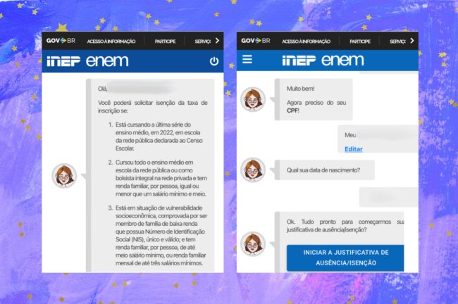 Isenção enem Print da página do participante, com a ilustração dos passos explicados.