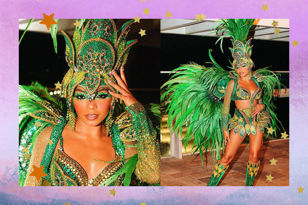 Montagem mostra Any Gabrielly fantasiada para o desfile da escola de samba carioca Unidos de Vila Isabel, na Marquês de Sapucaí. A imagem segue acompanhada de uma borda colorida e estrelinhas douradas por toda a imagem.