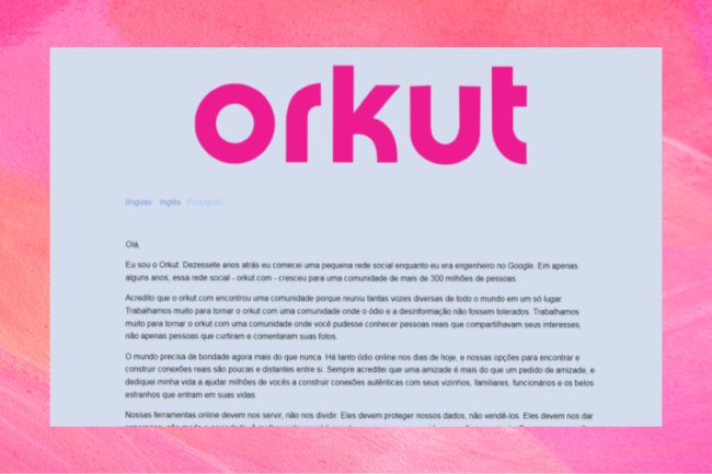 orkut-volta-capricho Print de uma página da internet com o fundo azul e um título grande em rosa, escrito “Orkut”, seguido de um texto.