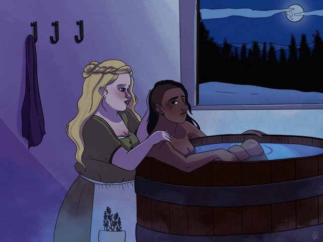 Fanart de Aurora e Dimitria, personagens de Luzes do Norte; Aurora está ajudando Dimitria a tomar banho em uma banheira