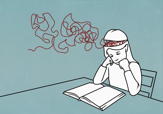 Ilustração de uma aluna lendo um livro, sentada em uma cadeira e com um semblante cansado.