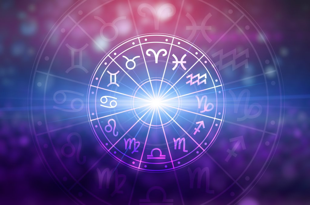 Ilustração dos 12 signos do zodíaco organizados em um mapa astral nas cores azul, roxo e rosa