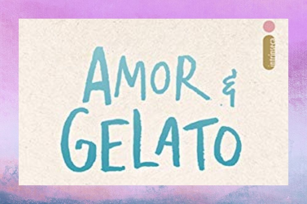 Capa do livro Amor & Gelato em uma borda de textura nas cores azul, roxo, lilás e branco