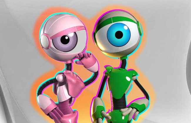 Dois bonecos/robôs do BBB em um fundo cinza
