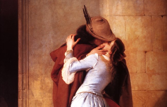 Ilustração de um casal do século 19 se beijando