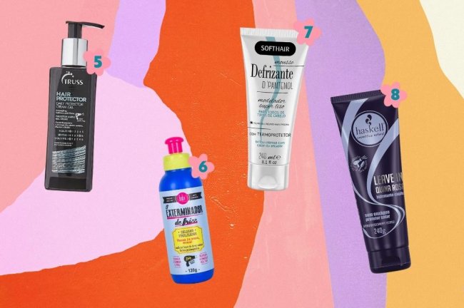 indicacao-leave-in-com-protecao-termica Montagem com o fundo colorido com 4 opções de produtos em creme com proteção térmica para o cabelo.