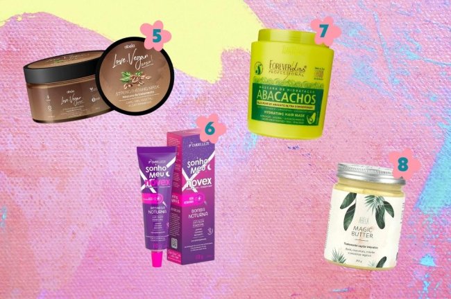 mascaras-de-tratamento-para-cabelo-cacheado-outono Montagem com o fundo colorido com 4 opções de máscaras de tratamento para cacheadas usarem no outono.