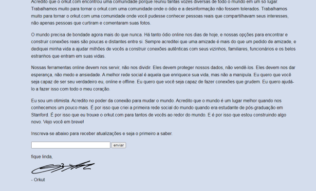 volta-orkut-capricho-2022 Print de uma página da internet com o fundo azul seguido de um texto assinado.