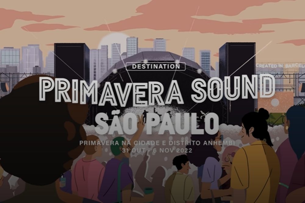 Imagem de uma ilustração de palco com pessoas assistindo um show e o logo do Primavera Sound São Paulo no centro da imagem com informações de data e local do festival
