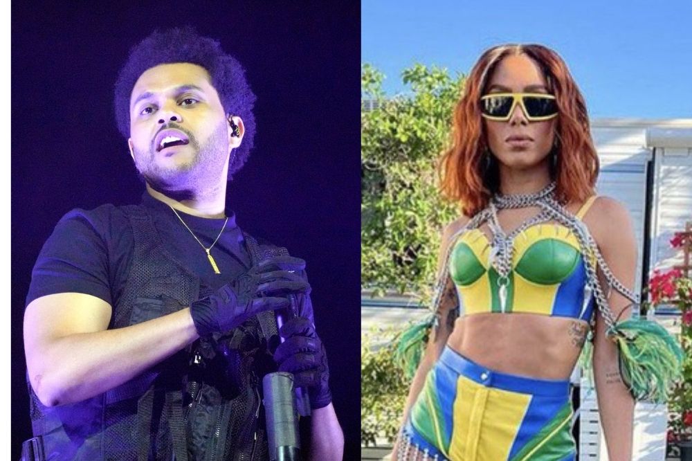 The Weeknd e Anitta posando para foto e durante show no Coachella