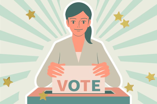 Ilustração de uma meninas pedindo para as pessoas votarem