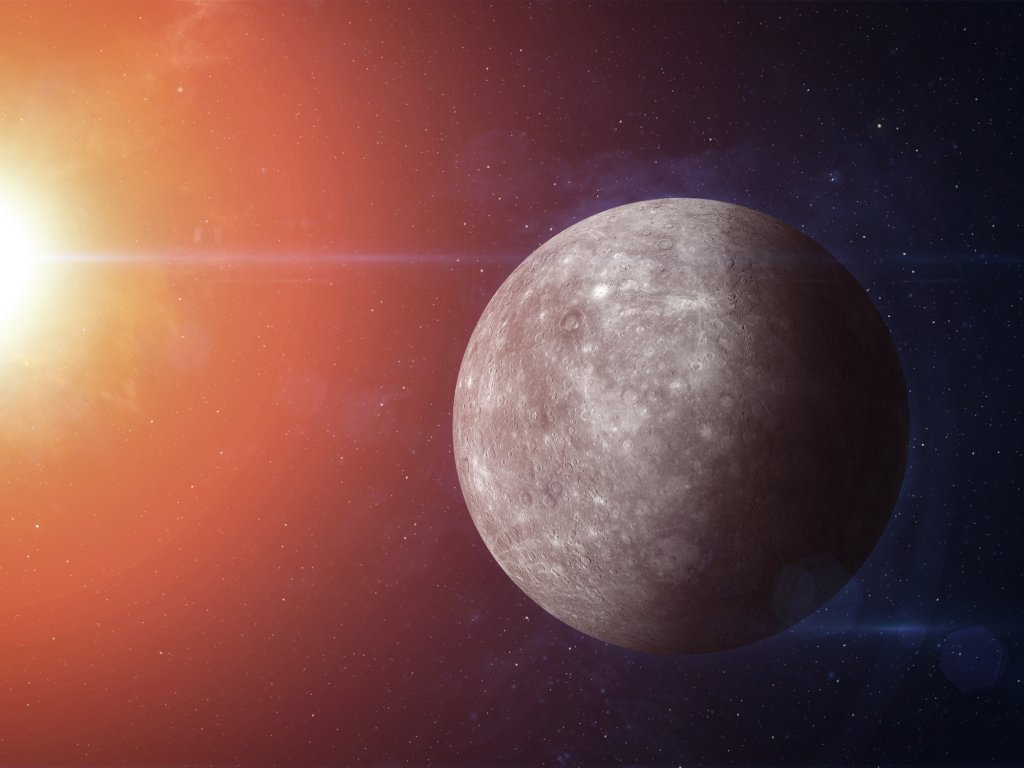 Ilustração do planeta Mercúrio sendo levemente iluminado pelo sol
