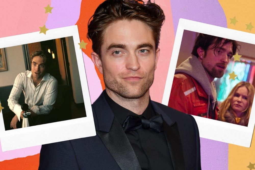 Fundo colorido com fotos do ator Robert Pattinson em polaroids.