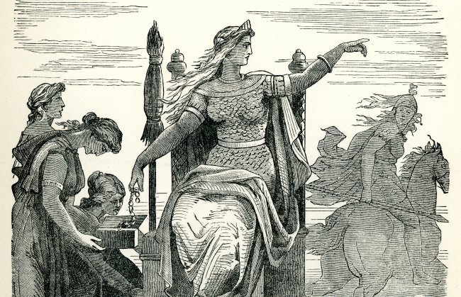 Gravura de 1882 da deusa Frigga. Ela está sentada em um trono e apontando para frente