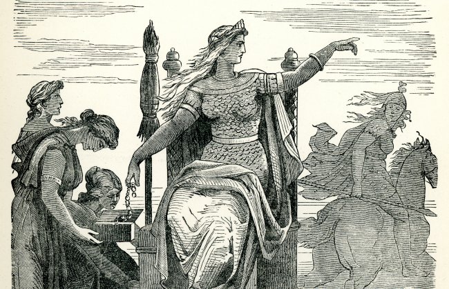 Sexta-feira 13: significado astrológico, rituais e previsões Gravura de 1882 da deusa Frigga. Ela está sentada em um trono e apontando para frente